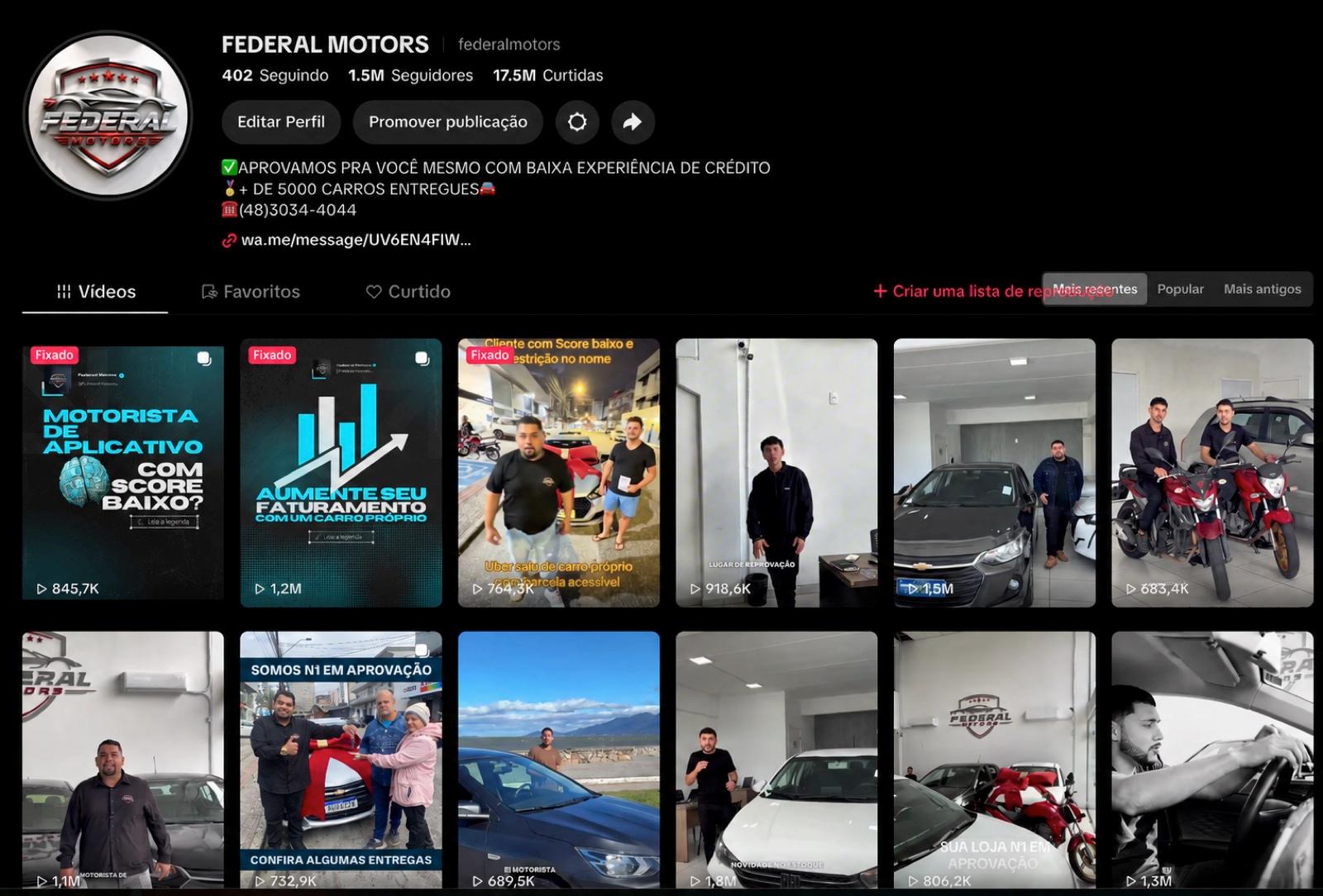 Perfil da FEDERAL MOTORS no TikTok, com 1,5M de seguidores